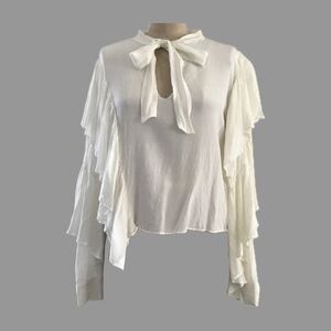 Zara Off White Ivory Ruffle Pussybow Lightweight Long Sleeve Blouse Top - XS